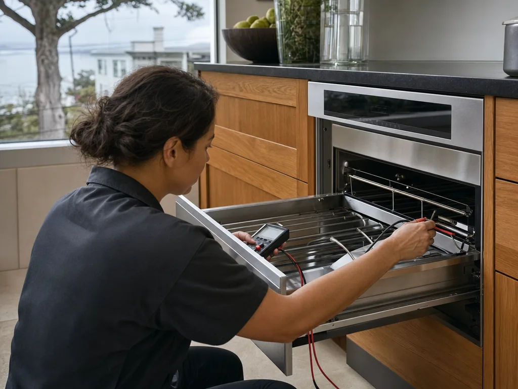 Technician repairing a built-in warming drawer in a San Francisco kitchen