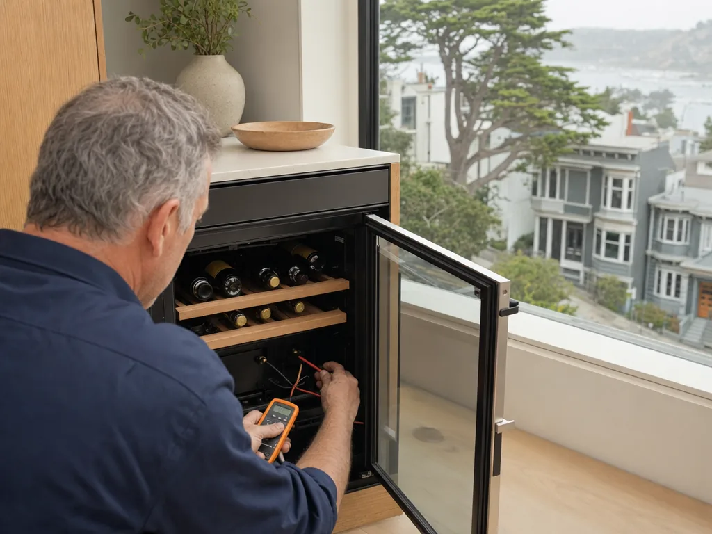 Technician repairing a built-in wine cooler in a San Francisco kitchen